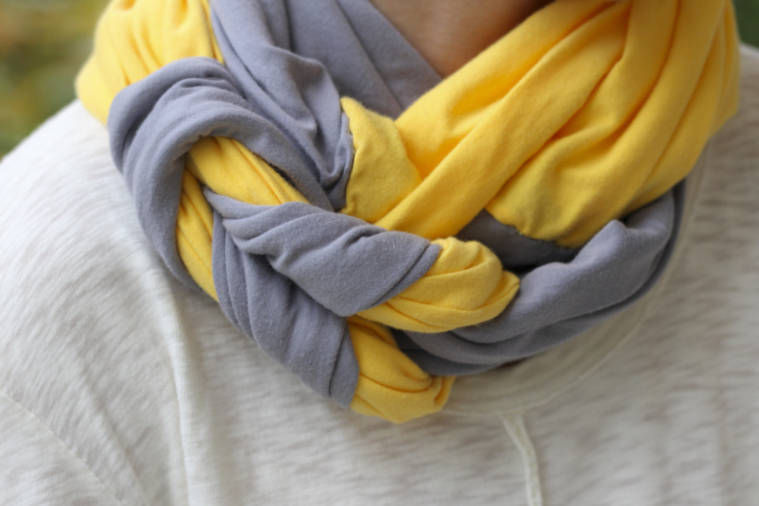 DIY braided scarf in fall colors (yellow and grey jersey). By Calm Cradle Photo & Design