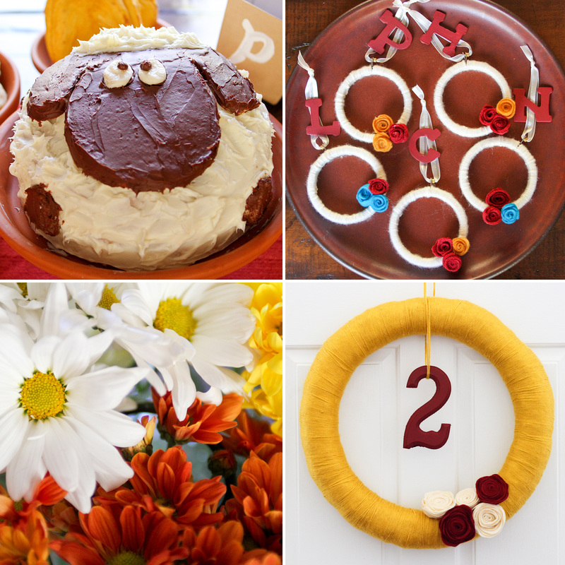 Fall birthday display: sheep cake, yarn wreath and wreath ornaments. Calm Cradle Photo & Design