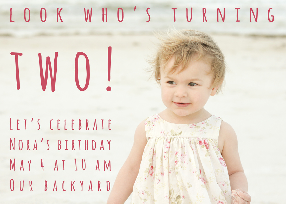 Invitation: 2-year-old birthday party. Beach portrait. Portrait and design by Calm Cradle Photo & Design