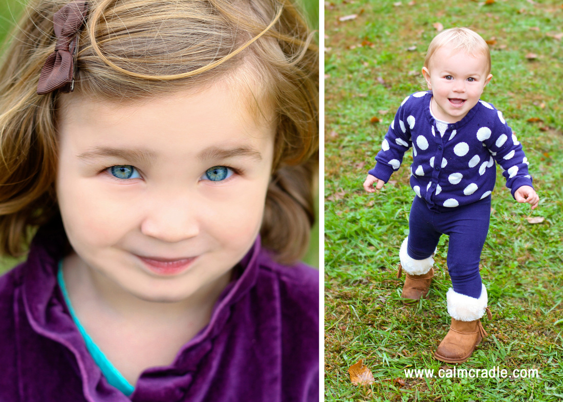 Holiday card portraits. Sisters in purple velvet and navy and white polka dots. Photography by Calm Cradle Photo & Design