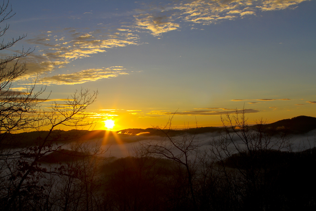 Winter sunrise over the Blue Ridge Mountains, NC. Calm Cradle Photo & Design
