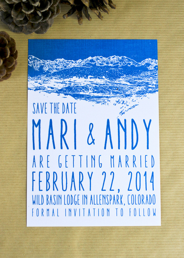 Save the date by Calm Cradle Photo & Design. Blue and white mountain stamp design. #savethedate #mountainwedding #winterwedding #stamp #blue #white #colorado