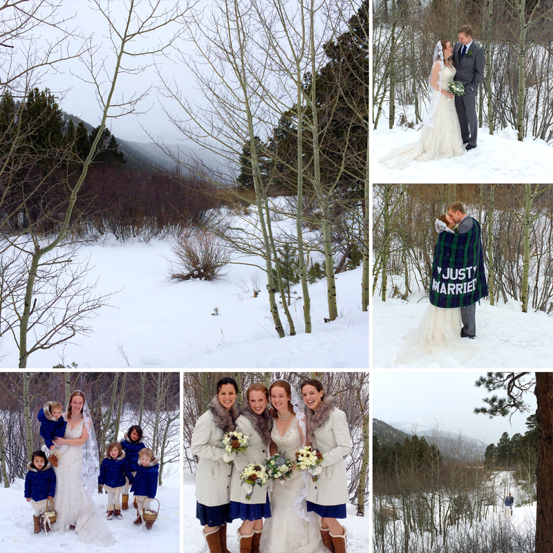 Bridal party in the snow at Wild Basin Lodge in Allenspark, Colorado. Calm Cradle Photo & Design