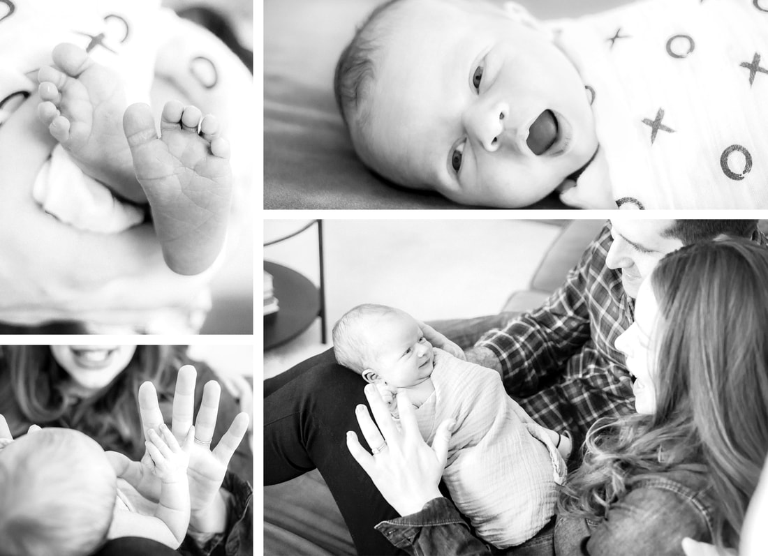 Lifestyle portraits: Black & white newborn session in a New York City Apartment. (NYC) By Calm Cradle Photo & Design (Chapel Hill, NC). Birth announcement design.