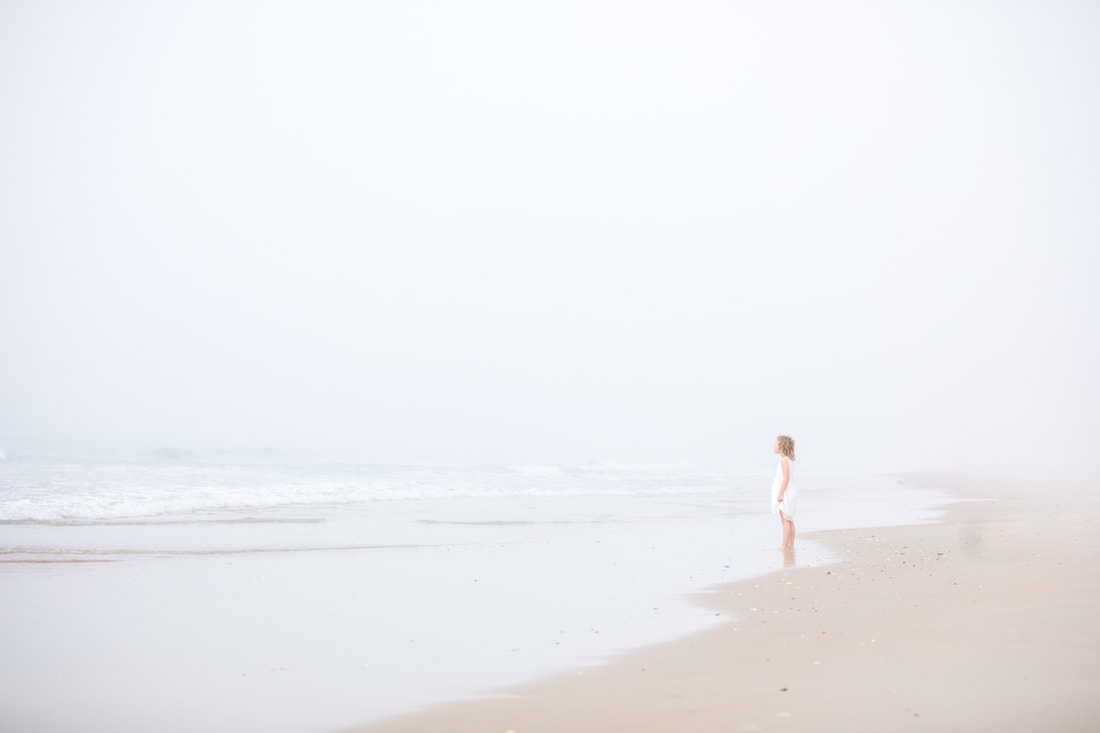 Lifestyle portraits: Turning 6 on a foggy beach (Topsail Island, NC). By Calm Cradle Photo & Design (Chapel Hill, NC)