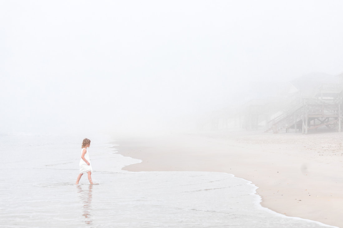Lifestyle portraits: Turning 6 on a foggy beach (Topsail Island, NC). By Calm Cradle Photo & Design (Chapel Hill, NC)