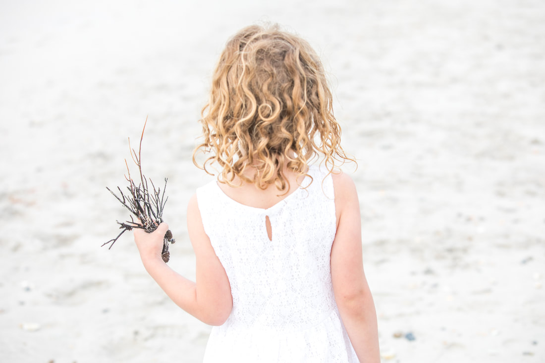 Lifestyle portraits: Turning 6 on a foggy beach (Topsail Island, NC). By Calm Cradle Photo & Design (Chapel Hill, NC) Little girls with curls, curly hair.