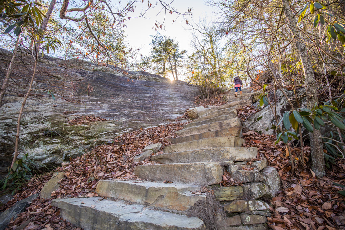 Climbing stone steps at Hanging Rock State Park, North Carolina (NC). By Calm Cradle Photo & Design