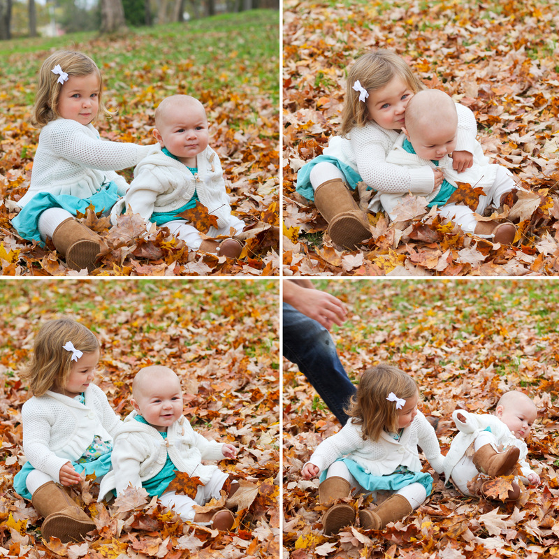 Portraits: Holiday card outtakes. Girls in turquoise sitting in orange leaves. Calm Cradle Photo & Design