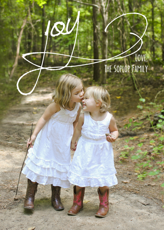 Portrait: Sisters in the woods wearing white dresses. Joy. Holiday card layout and photography by Calm Cradle Photo & Design