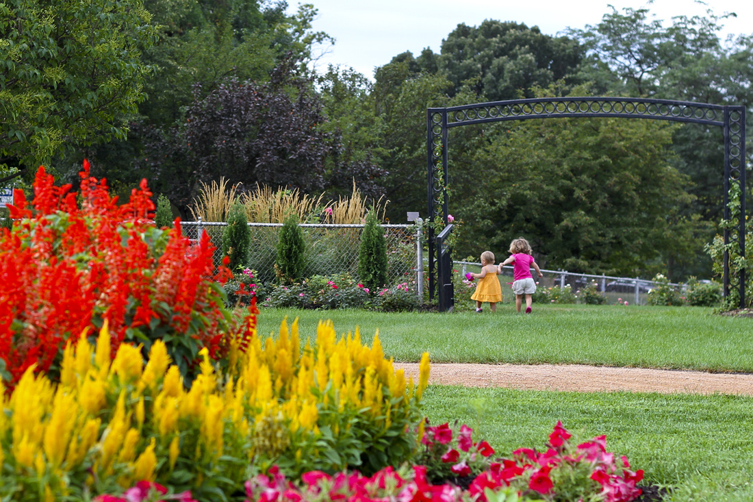 Girls holding hands and running around the Rose Gardens, Minneapolis, Minnesota, MN. By Calm Cradle Photo & Design