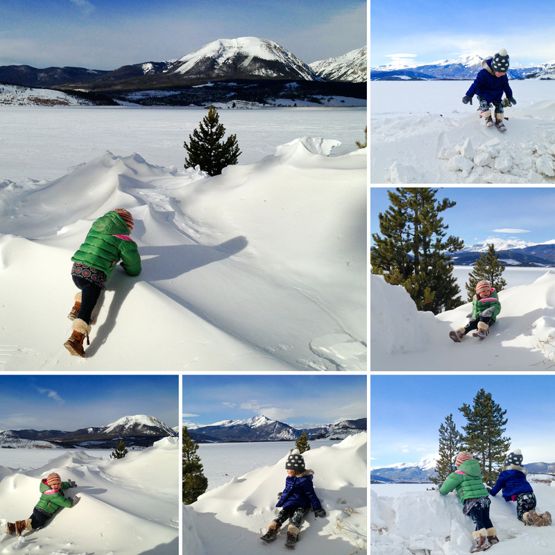 Kids climbing snow drifts in Dillon, Colorado. By Calm Cradle Photo & Design. #lakedillon #summitcounty #colorado #mountains