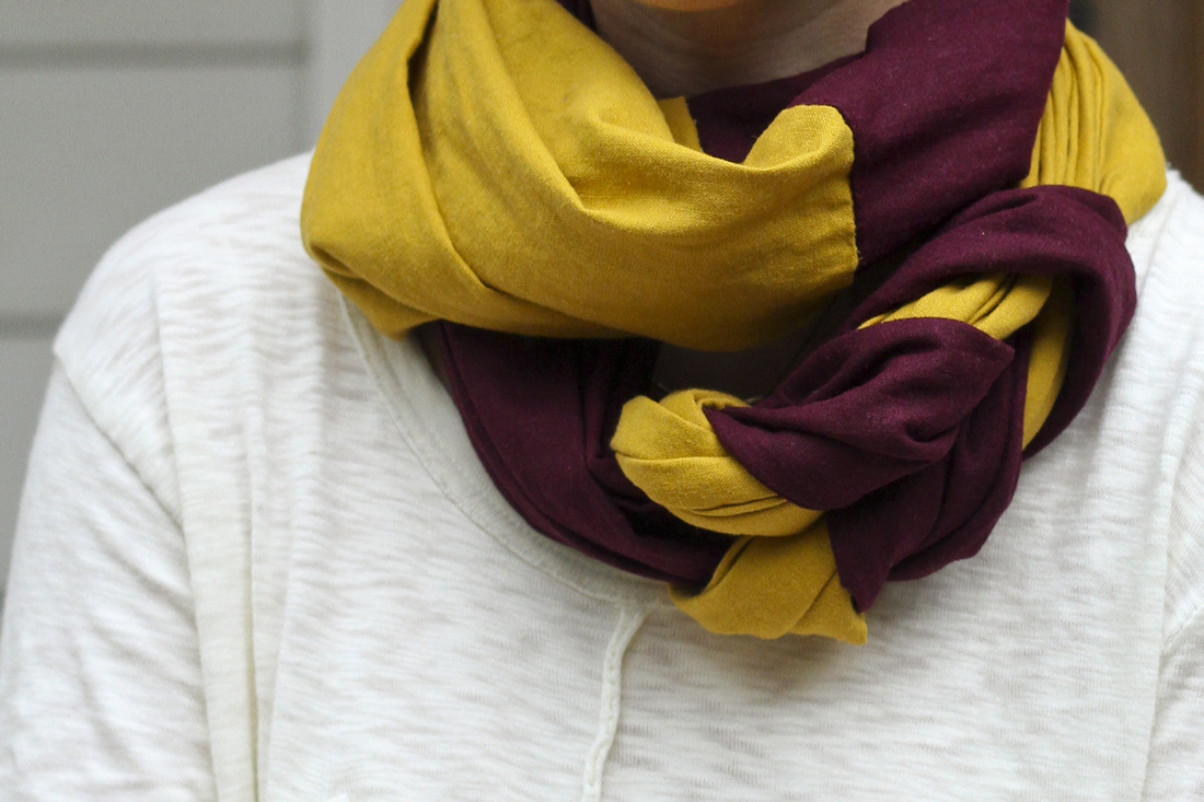 DIY braided scarf in fall colors (yellow and purple). By Calm Cradle Photo & Design