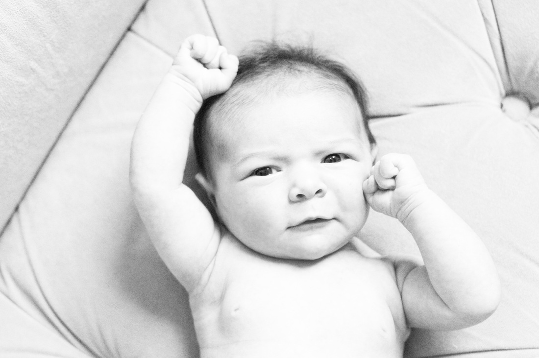 Lifestyle portraits: 1 month old in black and white. Photography by Calm Cradle Photo & Design. Chapel Hill, NC.