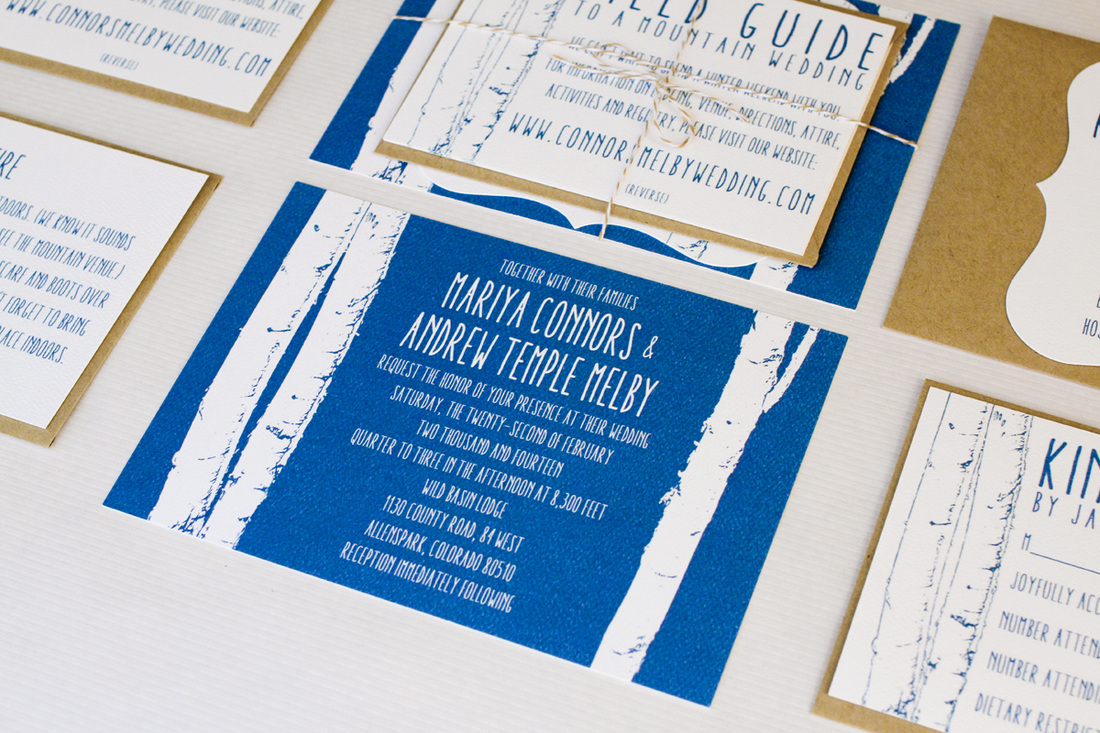 A winter mountain wedding: Blue aspen invitation suite. (With brown paper bag envelopes. By Calm Cradle Photo & Design