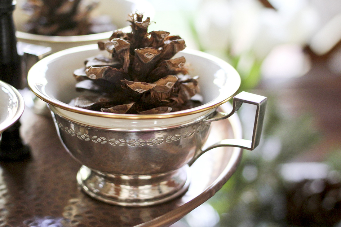 Pine cone and silver china decoration for winter bridal shower tea party. By Calm Cradle Photo & Design