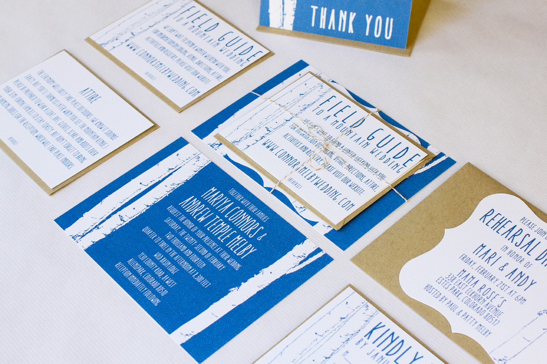 Winter wedding invitation package. Blue aspen. Design by Calm Cradle Photo & Design