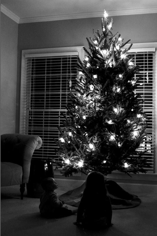 Black and whit Christmas tree with lights and kids. Calm Cradle Photo & Design