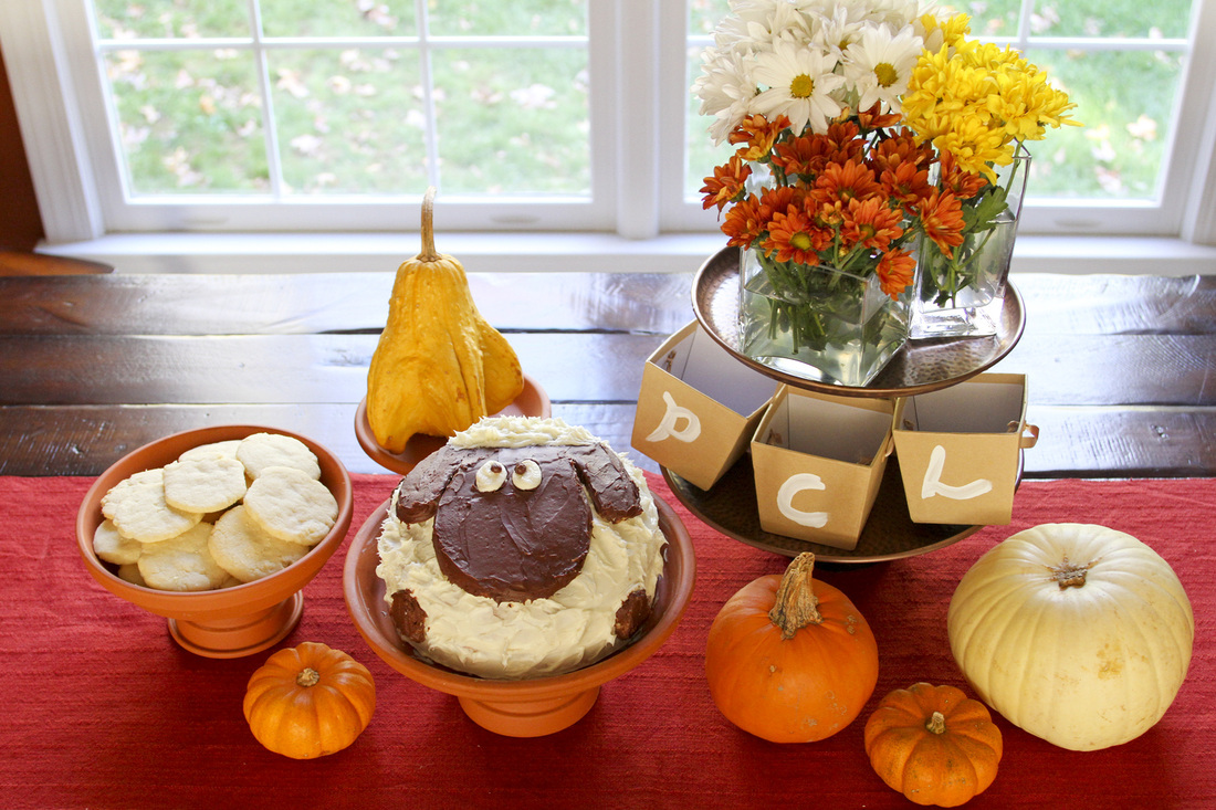 Fall birthday table display with sheep cake. By Calm Cradle Photo & Design