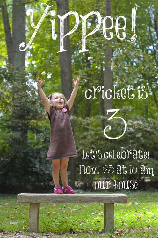 Yippee! Invitation to 3-year-old's birthday party. Portrait: Little girl standing on bench throwing rocks into the air. By Calm Cradle Photo & Design