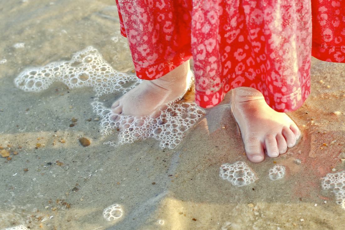 Portrait: Tiny toddler feet in the sandy surf. Beach. By Calm Cradle Photo & Design