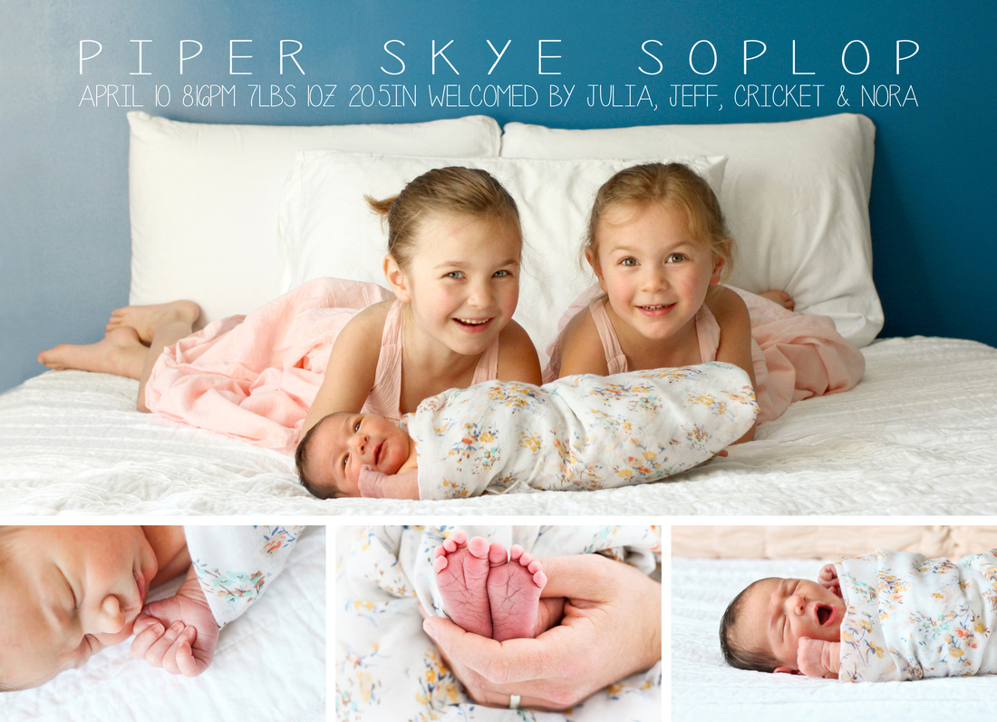 Portraits: Lifestyle birth announcement. Siblings posed on bed with newborn. Photography and design by Calm Cradle Photo & Design. Chapel Hill, NC. (Lifestyle, maternity, newborn, children, family photographer. North Carolina.)