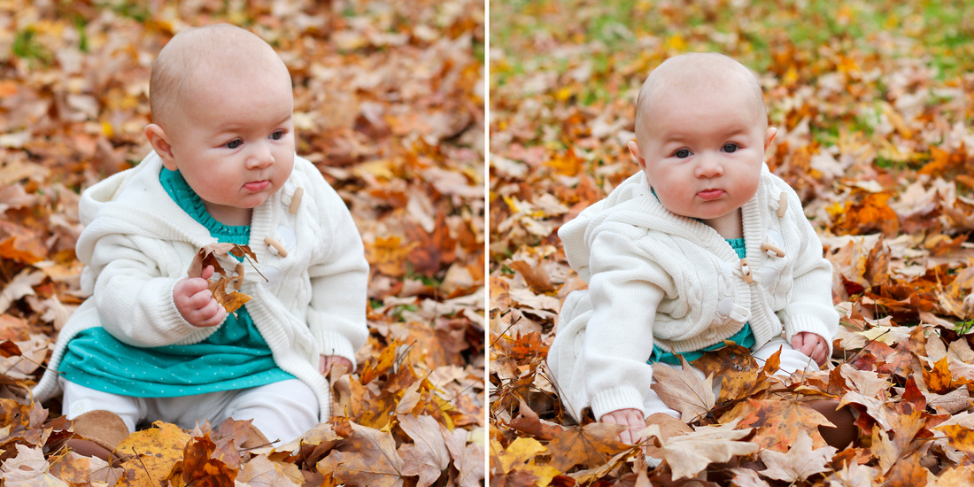 Six-month portraits: Baby in turquoise sitting in orange leaves. Calm Cradle Photo & Design