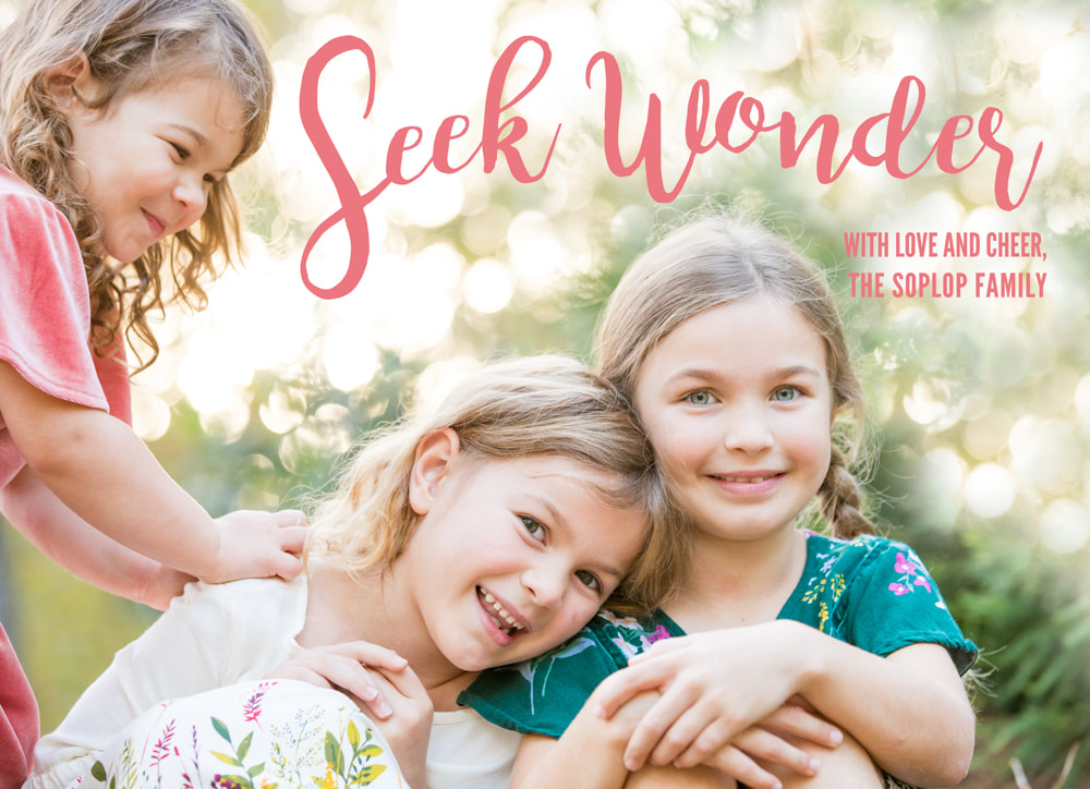Holiday cards in pink and green: Seek wonder. Three sisters. Lifestyle portraits by Calm Cradle Photo & Design