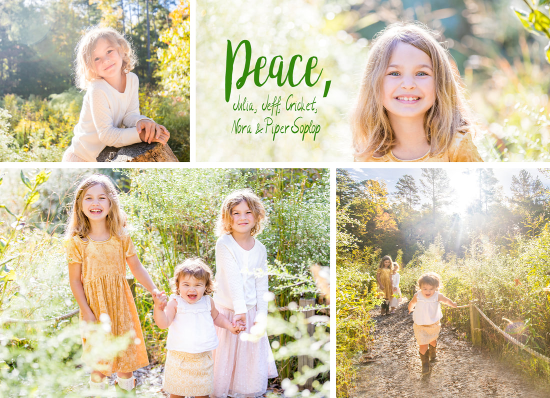 Holiday card design. Portraits: three sisters in golden light.  A thrill of hope. Calm Cradle Photo & Design (Chapel Hill, NC)